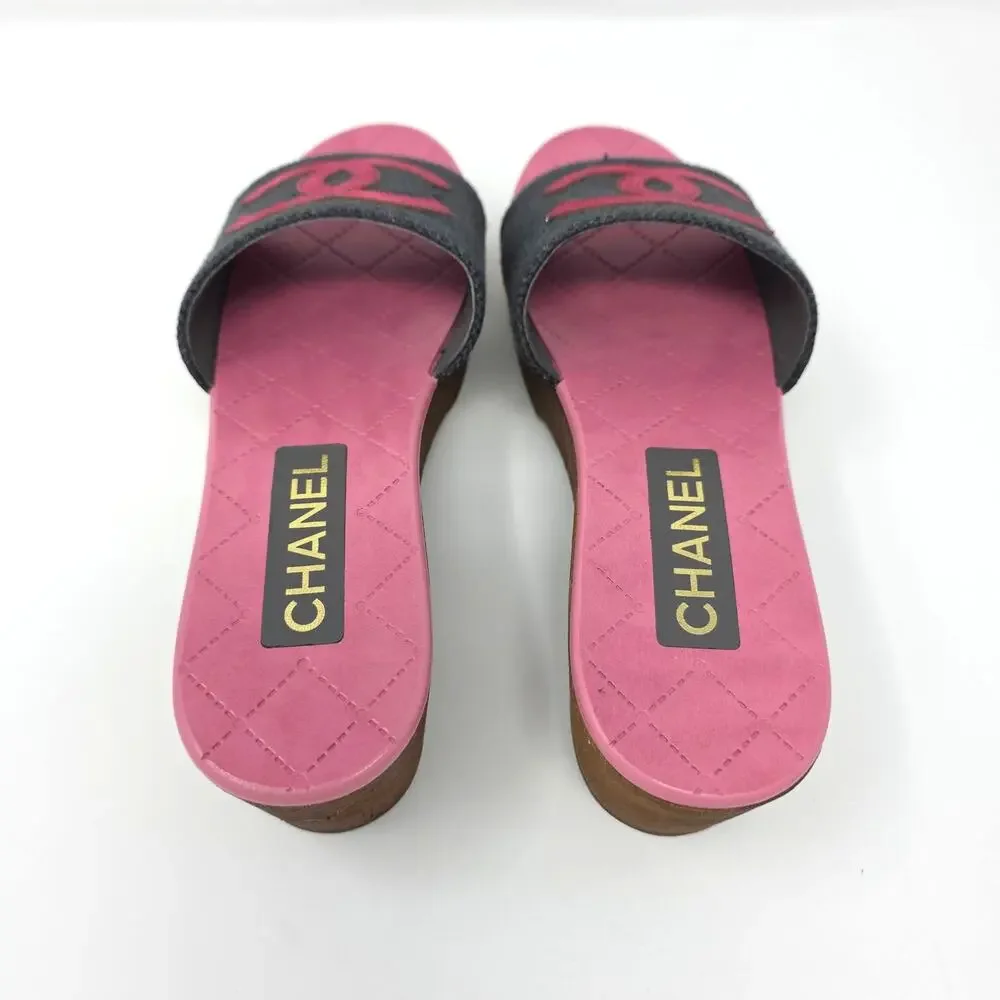 Chanel CC Logo Platform Slides Day Sandals Pink Navy Blue Slip On IT 39 US 8.5